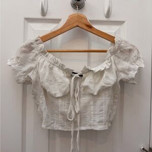 White Fox Cropped White Ruffle Tie-Front Blouse